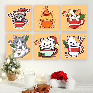 Cat In Cartoon Cup 6pcs 15x15cm Mini Painting By Number