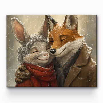 Rabbit and Wolf Cuddling in the Snow Painting By Number