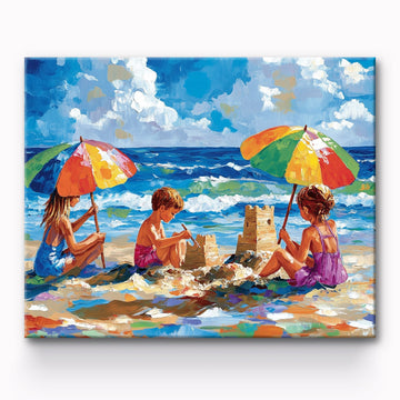 Children having fun building a castle on the beach Painting By Number