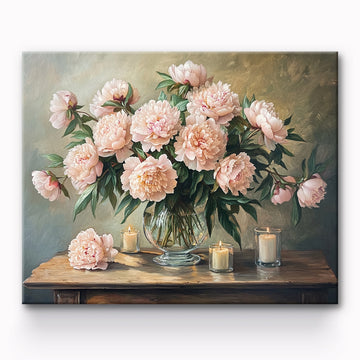 Peonies and Candles on Tabletop Painting By Number