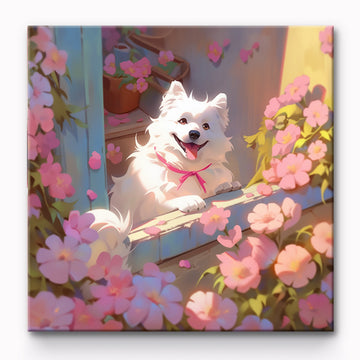 Dog Surrounded By Flowers On Balcony Painting By Number