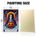 Vintage rustic metal poster 'The Trickster' size dimensions with vibrant colors and Halloween theme.