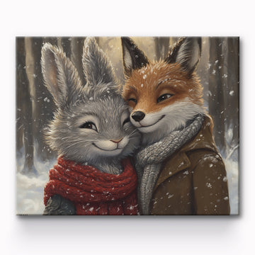 Rabbit and Wolf Cuddling in the Snow Painting By Number