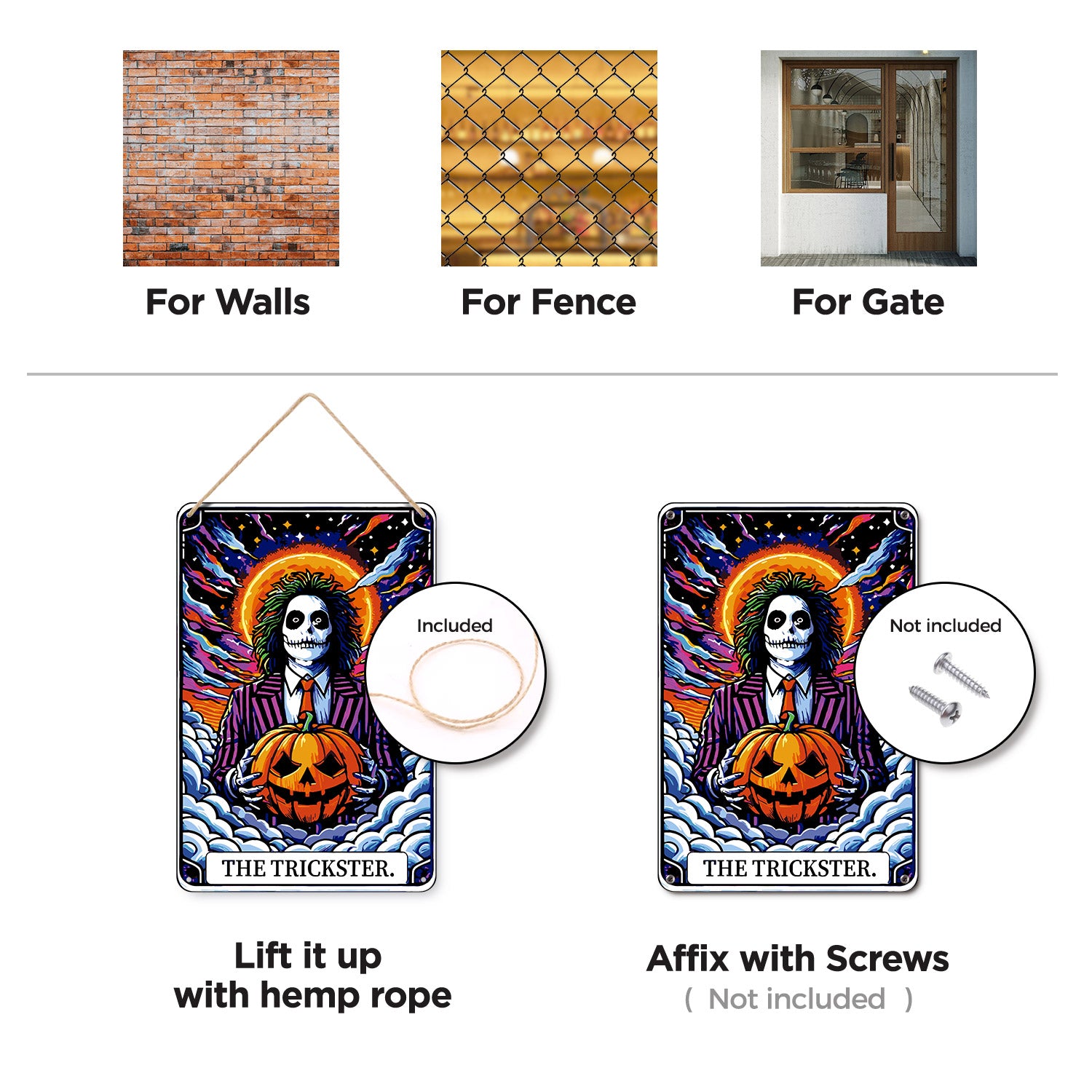 The Trickster vintage metal poster with pumpkin, showcasing hanging and affixing options for walls, fences, and gates.