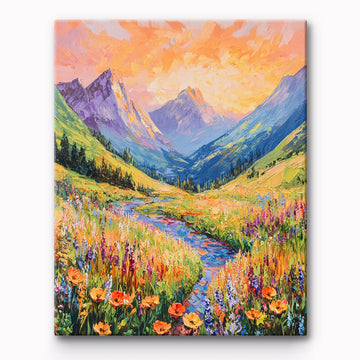 Creek with distant mountains Painting By Number